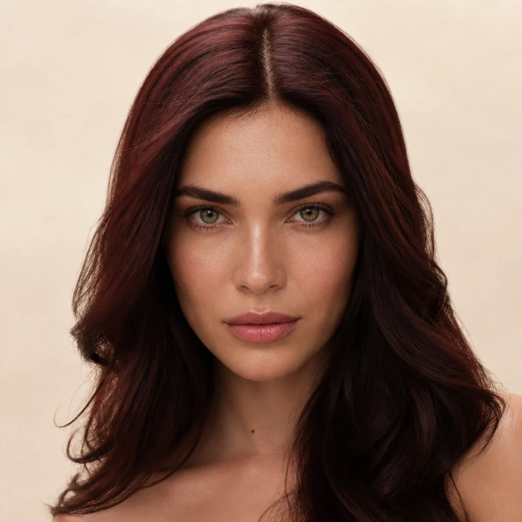 Front-facing portrait of a brunette with a rich chocolate base and subtle cherry-red reflects catching the light