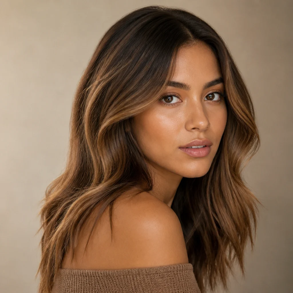Three-quarter view of brunette hair with a root melt blending deep brown into warm caramel mid-lengths
