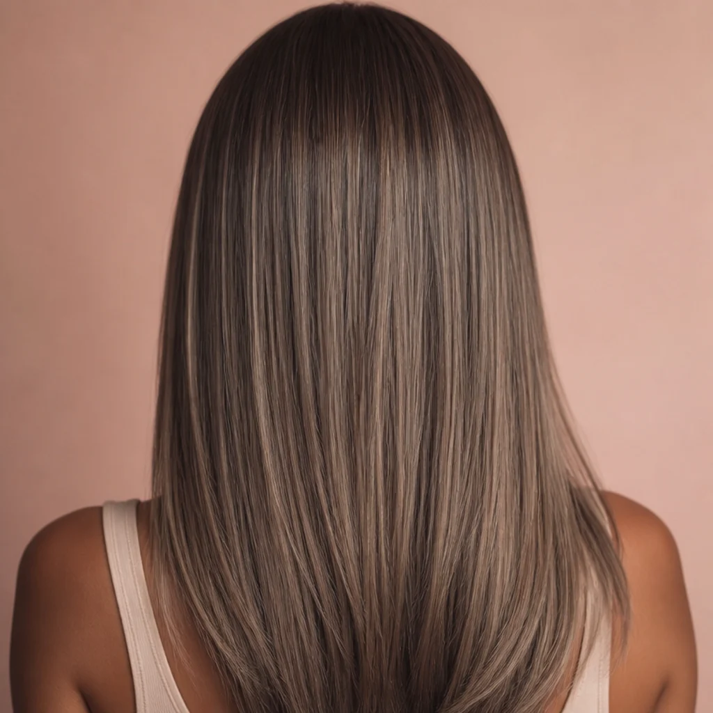 Back view of straightened hair in cool mushroom brown with woven ash and warm taupe multi-tonal highlights