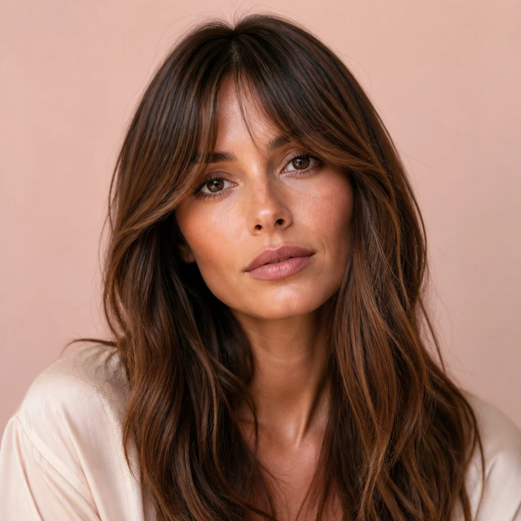 Front-facing portrait of a brunette with curtain bangs highlighted in warm chestnut framing the face