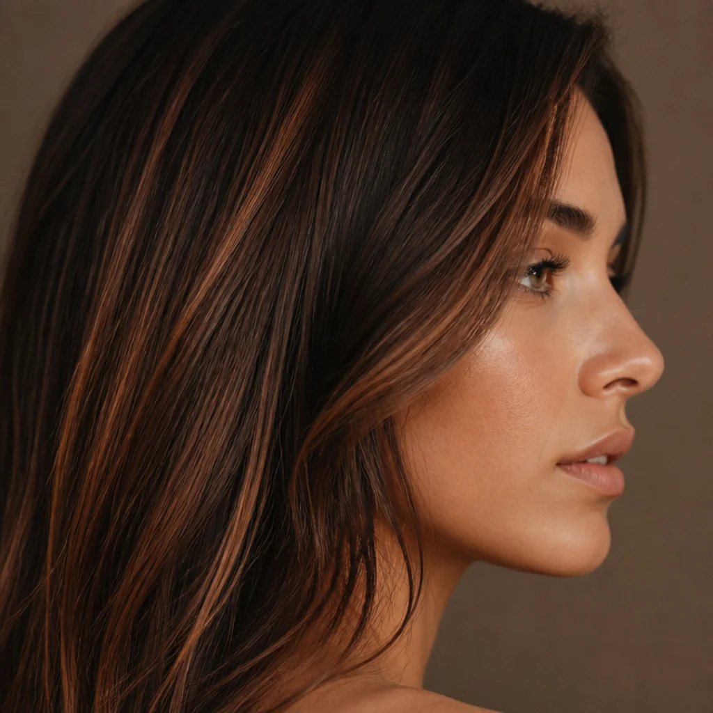 Side profile of brunette hair with subtle copper-kissed highlights glowing warm amber against a deep brown base