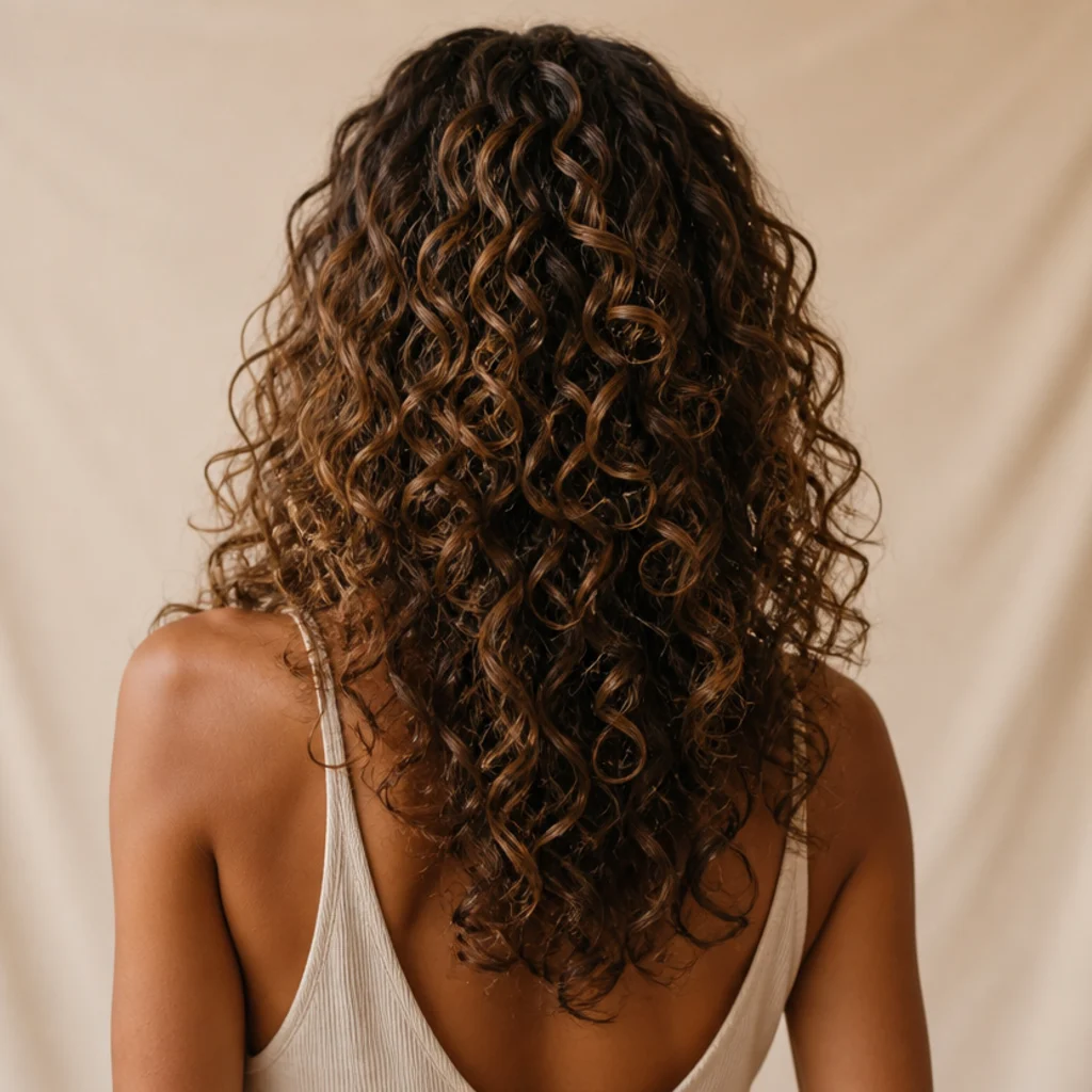 Back view of natural curls in dimensional brunette with warm caramel highlights painted to follow the curl pattern