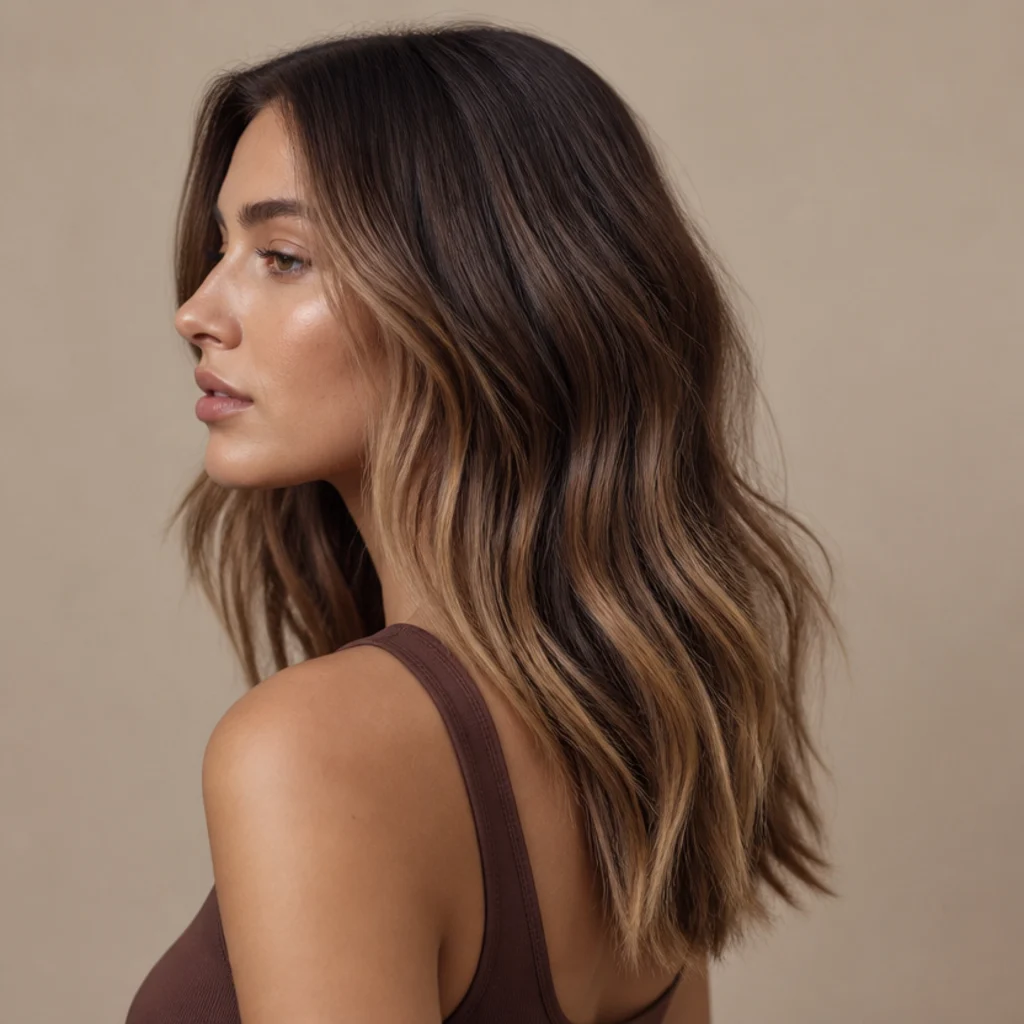 Side view of brunette hair with warm beige teasylights creating a soft grown-out, lived-in blend
