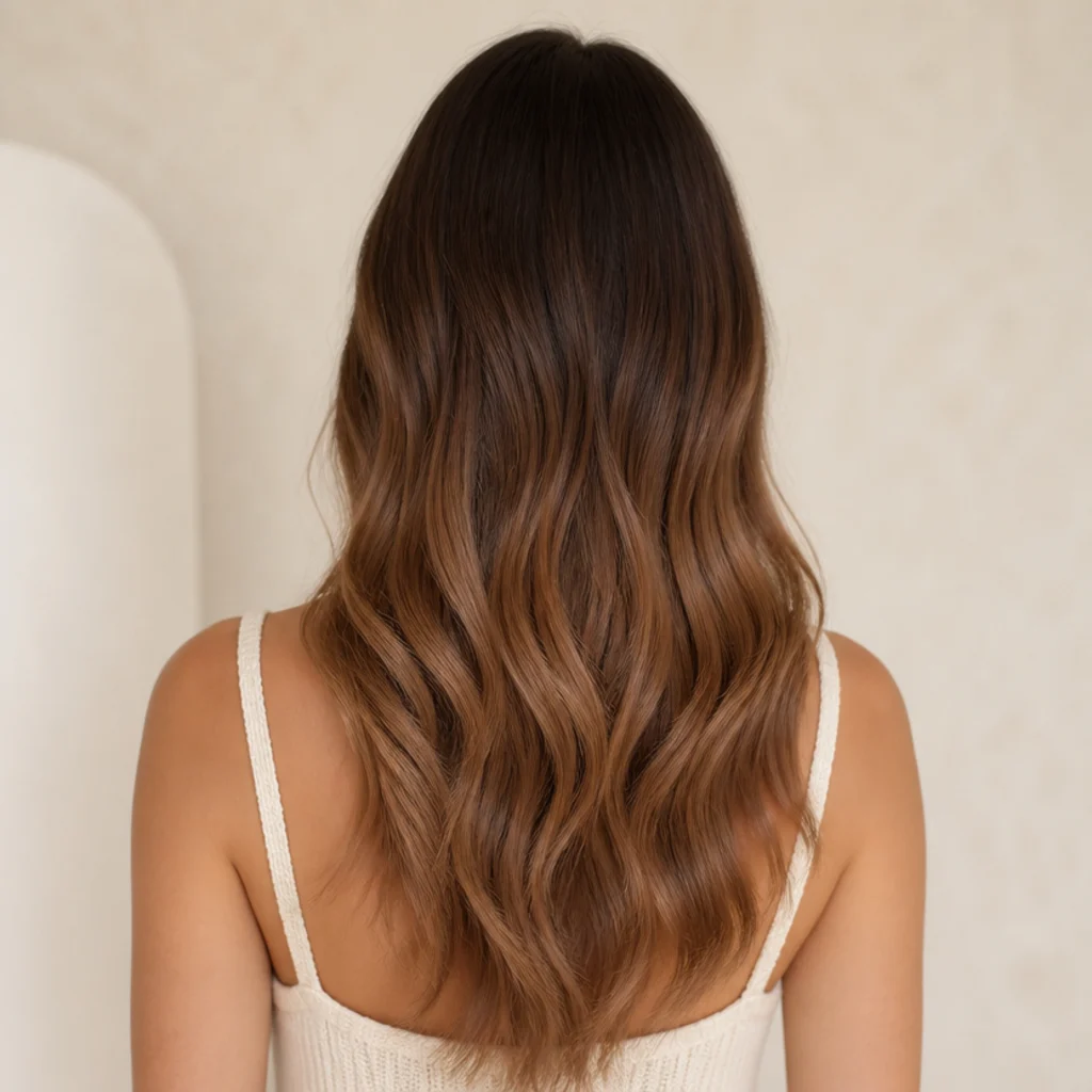 Back view of long brunette hair shifting from deep hazelnut roots into lighter warm ends in a soft, modern ombre