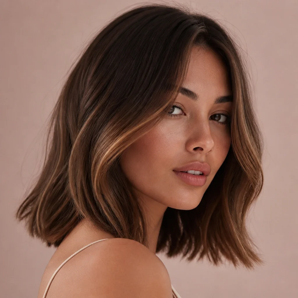 Three-quarter view of a shoulder-length lob in dimensional brunette with warm toffee highlights and soft bend