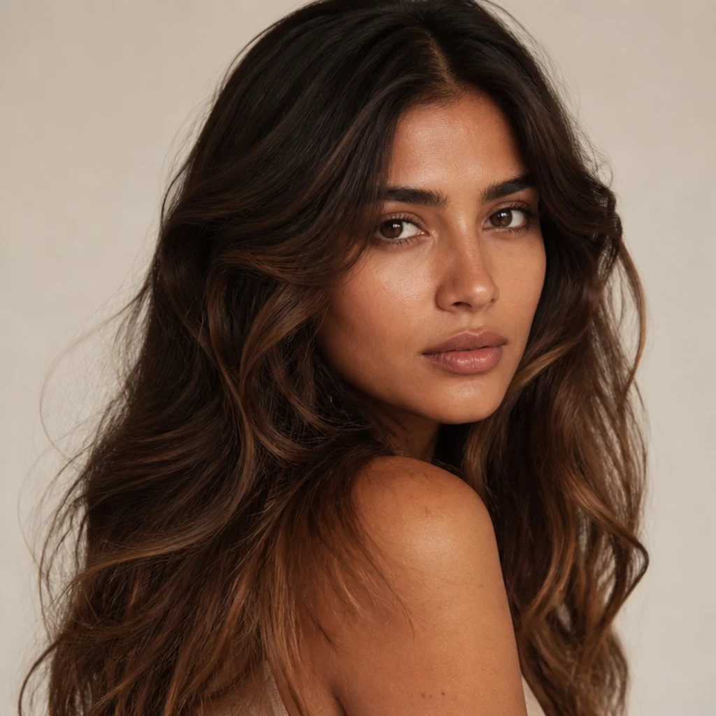 Three-quarter studio portrait of a brunette model with soft caramel and chestnut dimensional highlights on loose waves