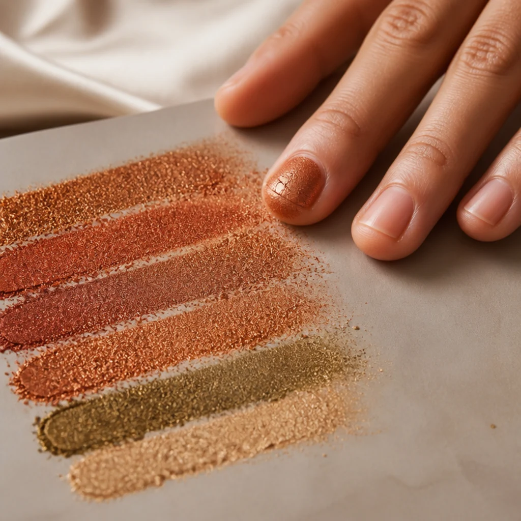 Warm eyeshadow palette swatches in rust, copper, amber, and terracotta on a taupe surface