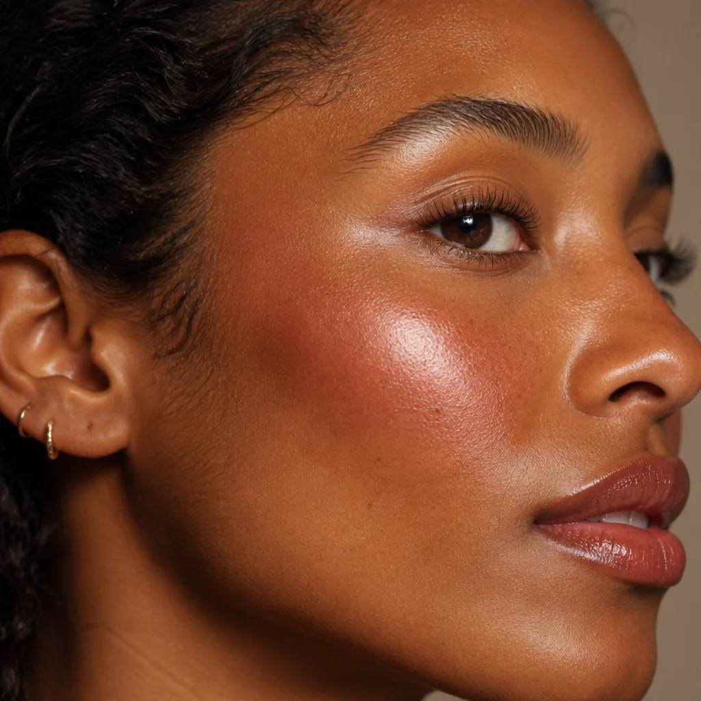 Close-up of dewy glowing cheek with soft bronzer and a natural sheen, side angle
