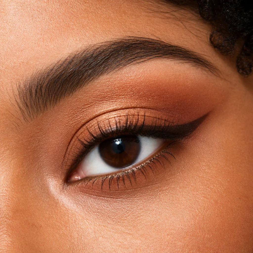 Feathered lashes and softly winged bronze eyeliner on a lifted crease, three-quarter view