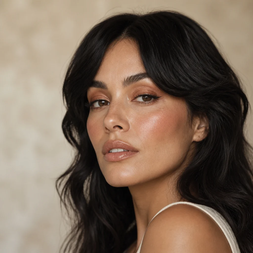 Model with bronze eyeshadow, glossy skin, and feathered hair in warm 70s-inspired makeup, three-quarter angle