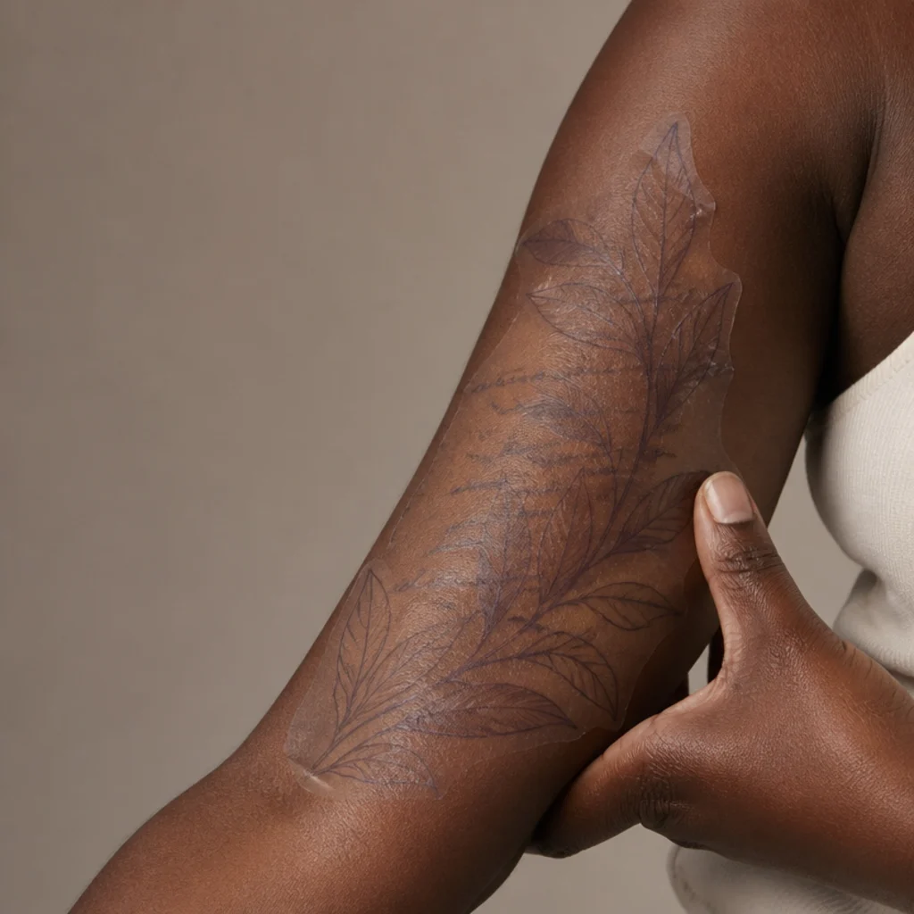 Faded old script tattoo on an inner arm being sketched over with a larger leafy cover-up design, stencil lines visible, in editorial studio light