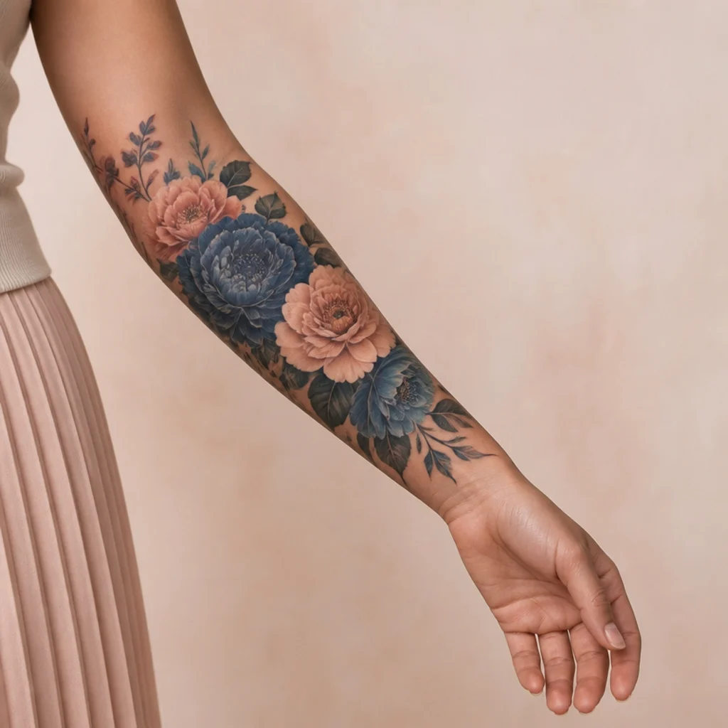 Forearm comparison showing a small dark tattoo transformed into a larger colorful floral cover-up with deep botanical shading in warm studio lighting