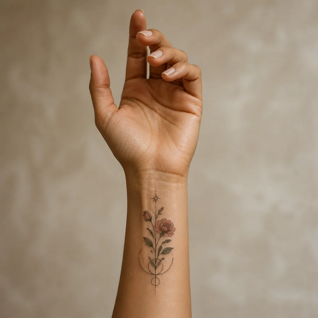 Inner wrist with a healed decorative cover-up over faint scar tissue, softened texture and muted botanical tones under diffused studio light
