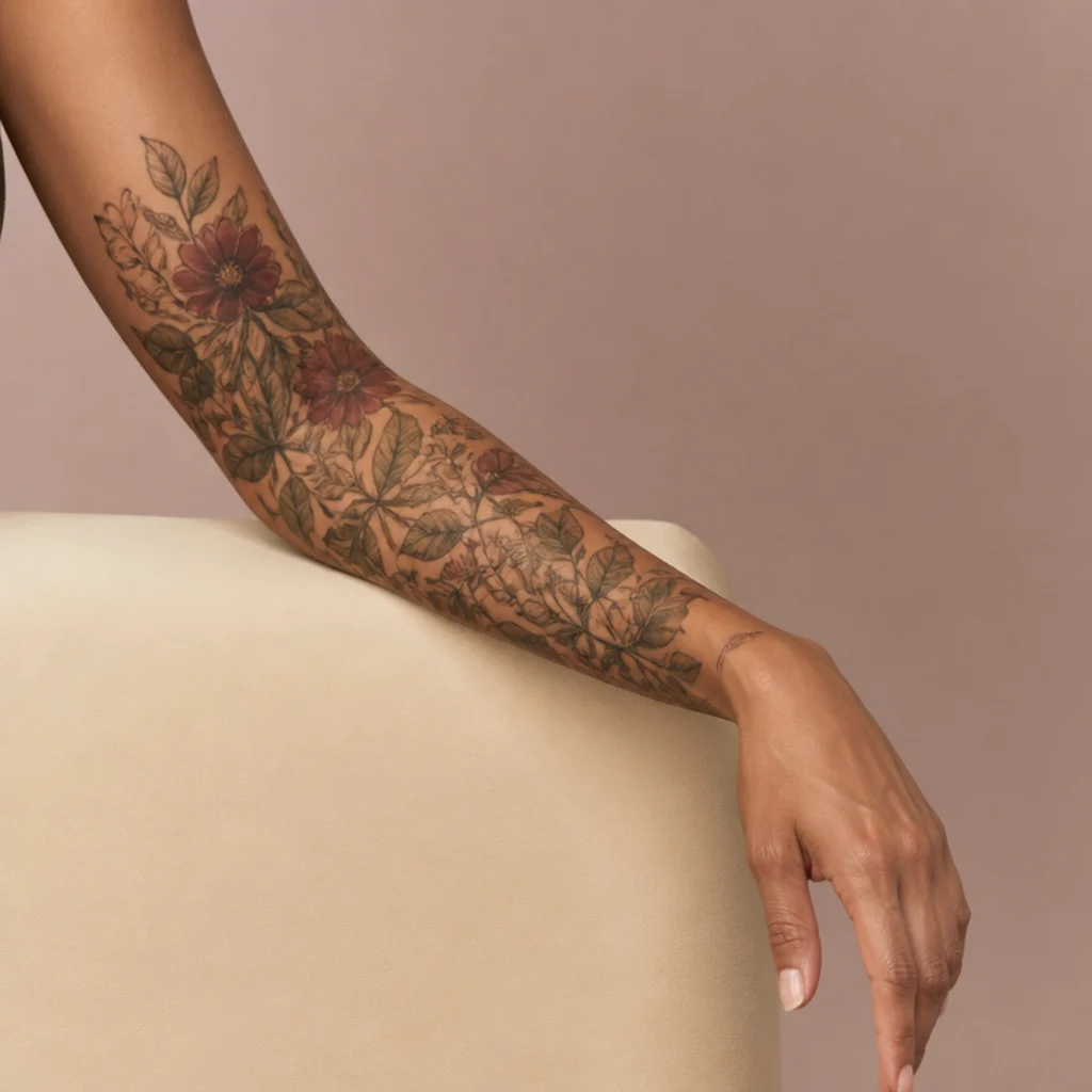 Woman's forearm with a healed floral cover-up tattoo in deep botanical tones photographed in soft studio light
