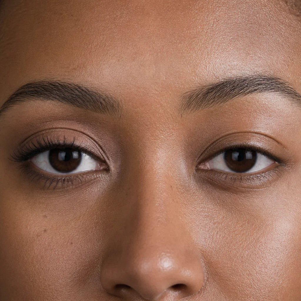 Side-by-side macro view of an almond eye and a hooded eye showing the difference in visible lid space and crease position on medium-deep skin