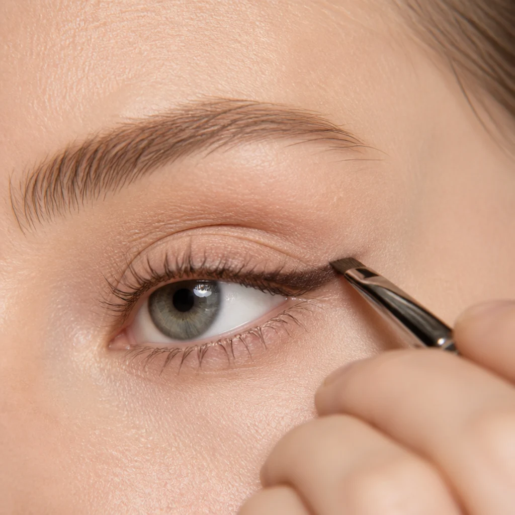 Angled macro shot of a fine-tipped liner brush tracing a soft lifted wing along an upturned eye on fair skin