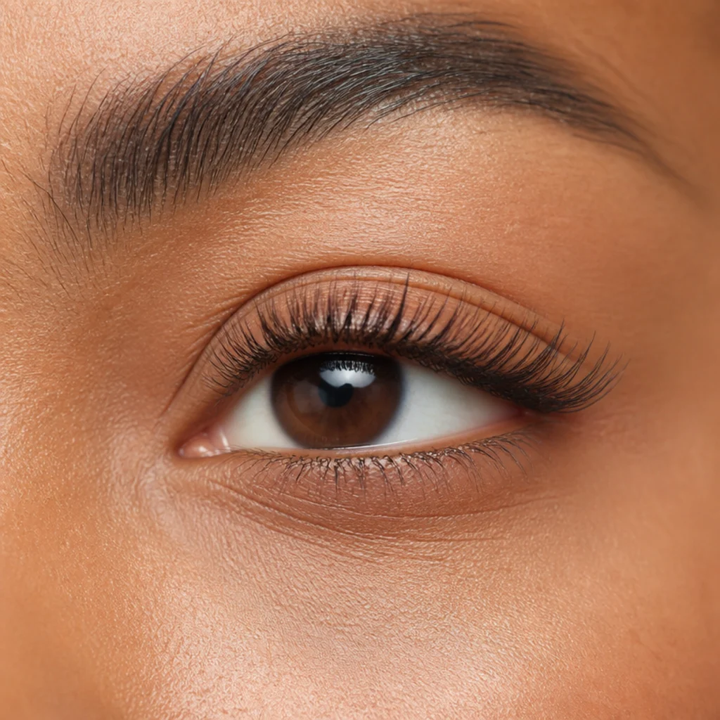 Close-up of individual lash extensions applied in a graduated length map along an almond eye with natural lash texture