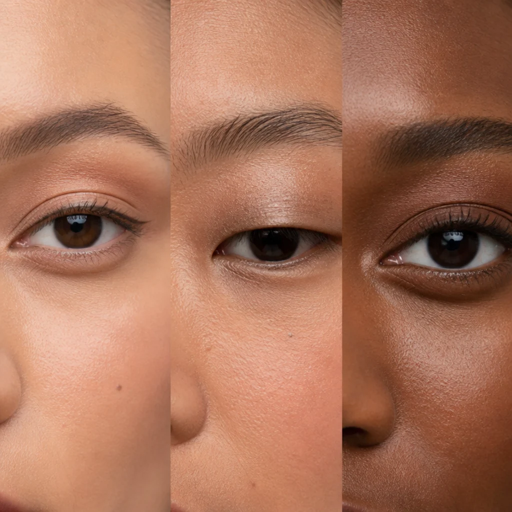 Editorial close-up comparing almond, hooded, and round eye shapes across three models with soft neutral eyeshadow
