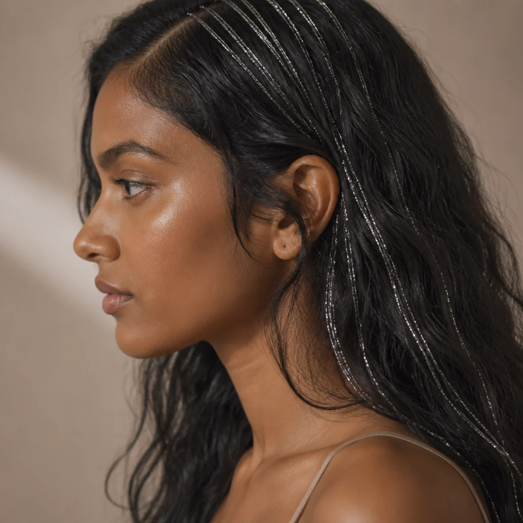 Close side view of a hairline part with thin silver tinsel strands tied at the roots and blending into dark wavy lengths