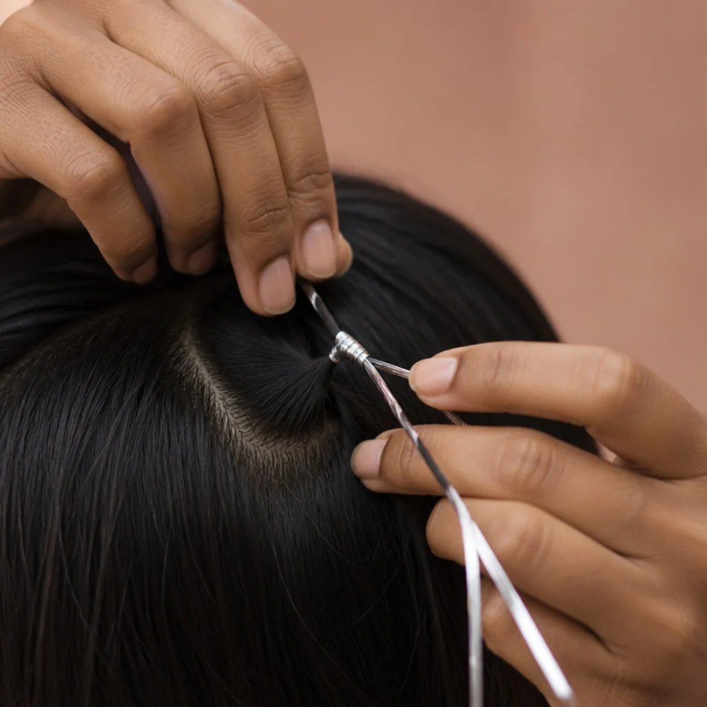 Overhead detail of fingers tying a single tinsel strand around a small section of dark hair with a knotted loop at the root
