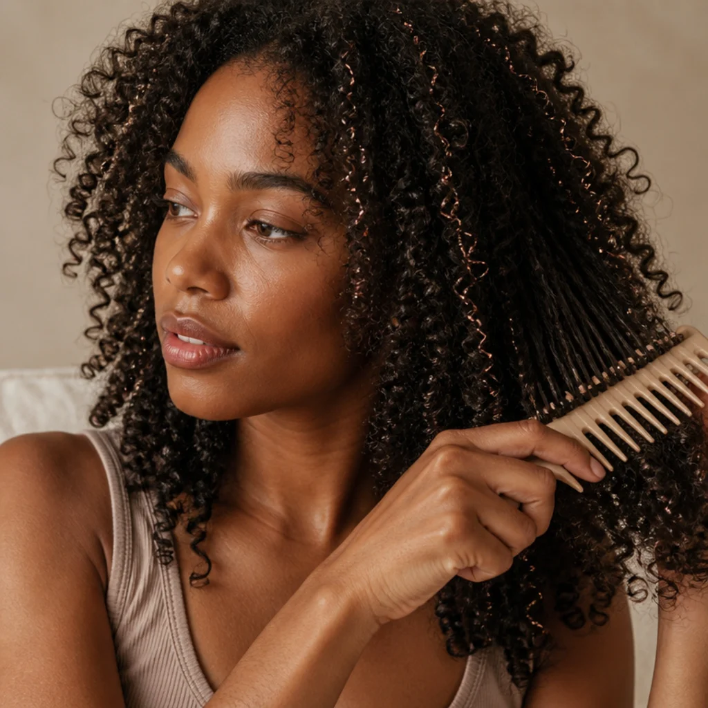 Three-quarter view of dark curly hair with scattered rose-gold tinsel being gently brushed with a wide-tooth comb