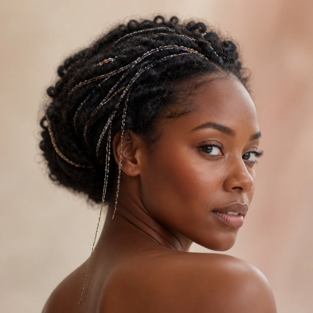 Three-quarter back view of dark coiled hair threaded with fine silver and rose-gold tinsel strands catching soft studio light