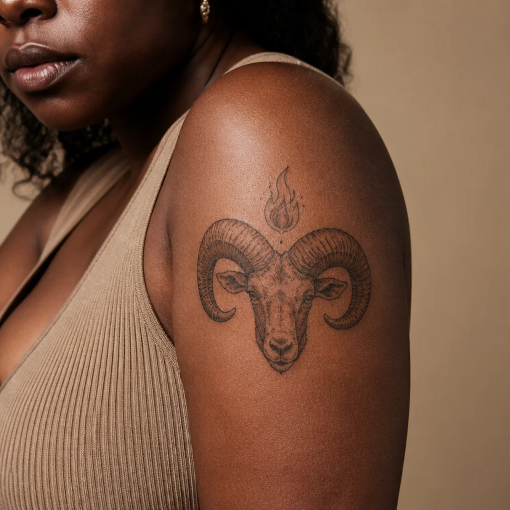 Close-up illustration of an Aries ram head with tightly curled horns and a small ascending flame motif rendered in bold black linework on adult skin