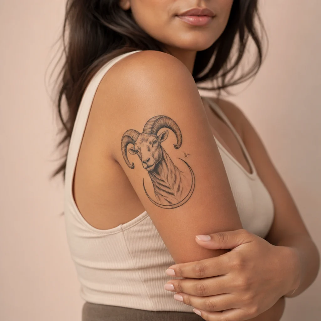 Adult upper arm showing a medium Aries ram tattoo in solid black ink, angled to show how the curled-horn design wraps the curve of the bicep