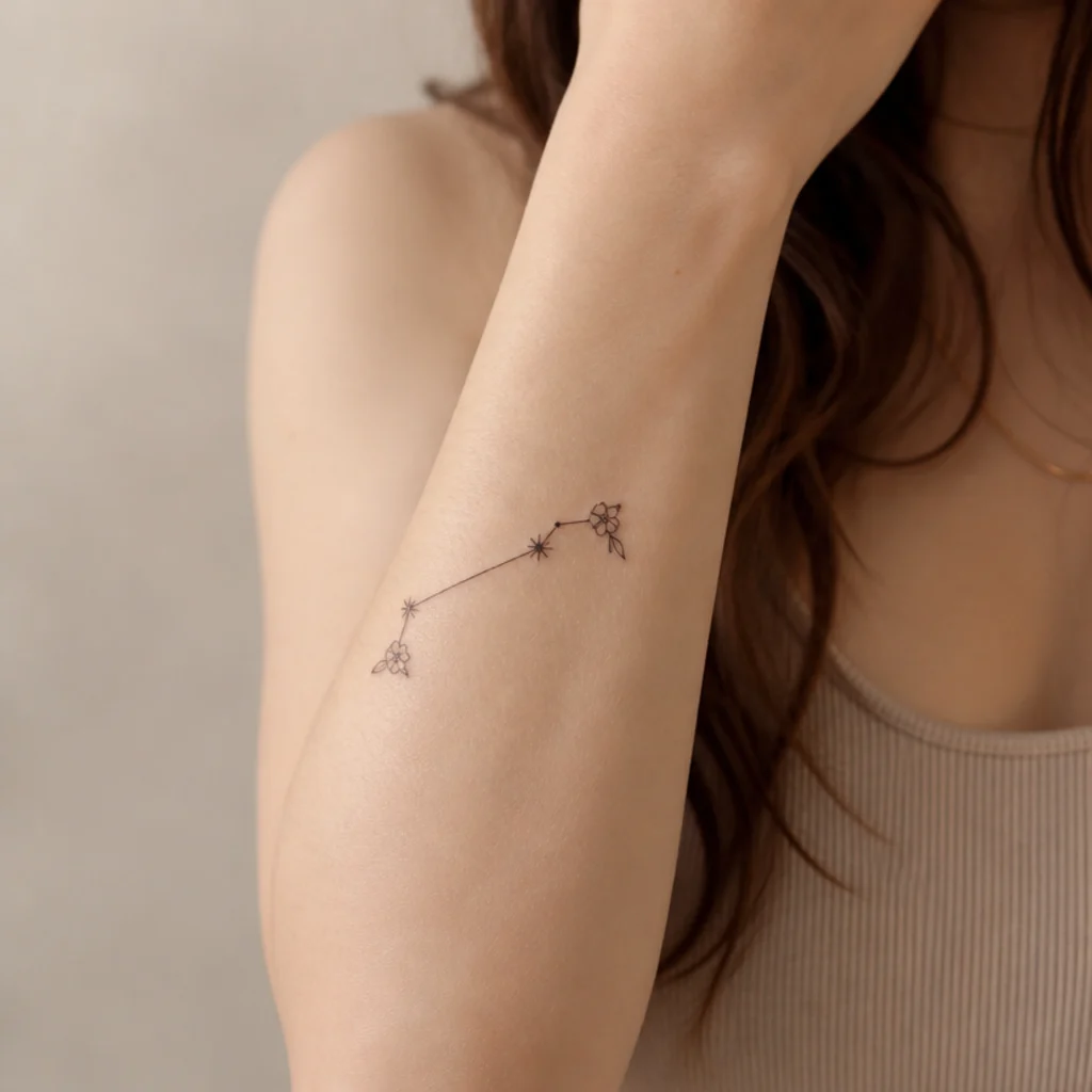 Adult forearm with a fine-line Aries constellation and small floral accents rendered in delicate black ink on warm-toned skin