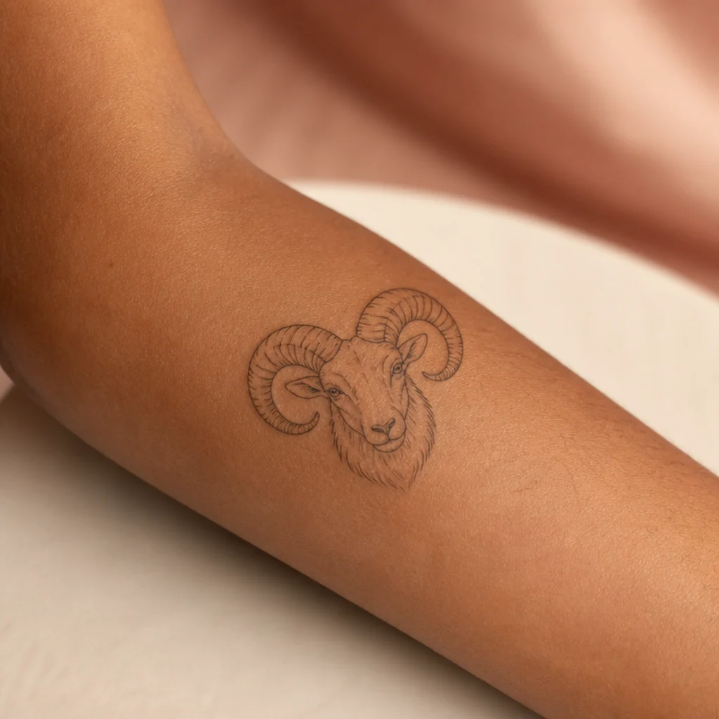 Adult forearm with a healed fine-line Aries ram tattoo in black ink, photographed against a warm ivory backdrop