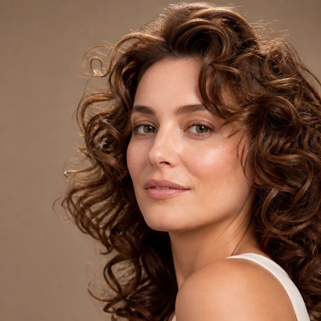 Close-up of a model with fine chestnut hair showing soft bouncy curls and lifted root volume against a taupe backdrop