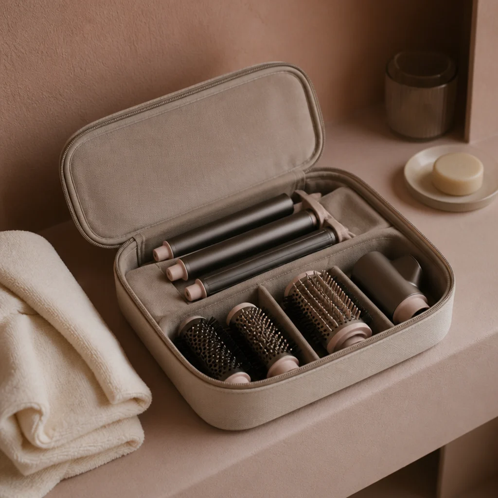 Neatly arranged styling attachments in a soft fabric case on a muted blush bathroom shelf beside a folded towel