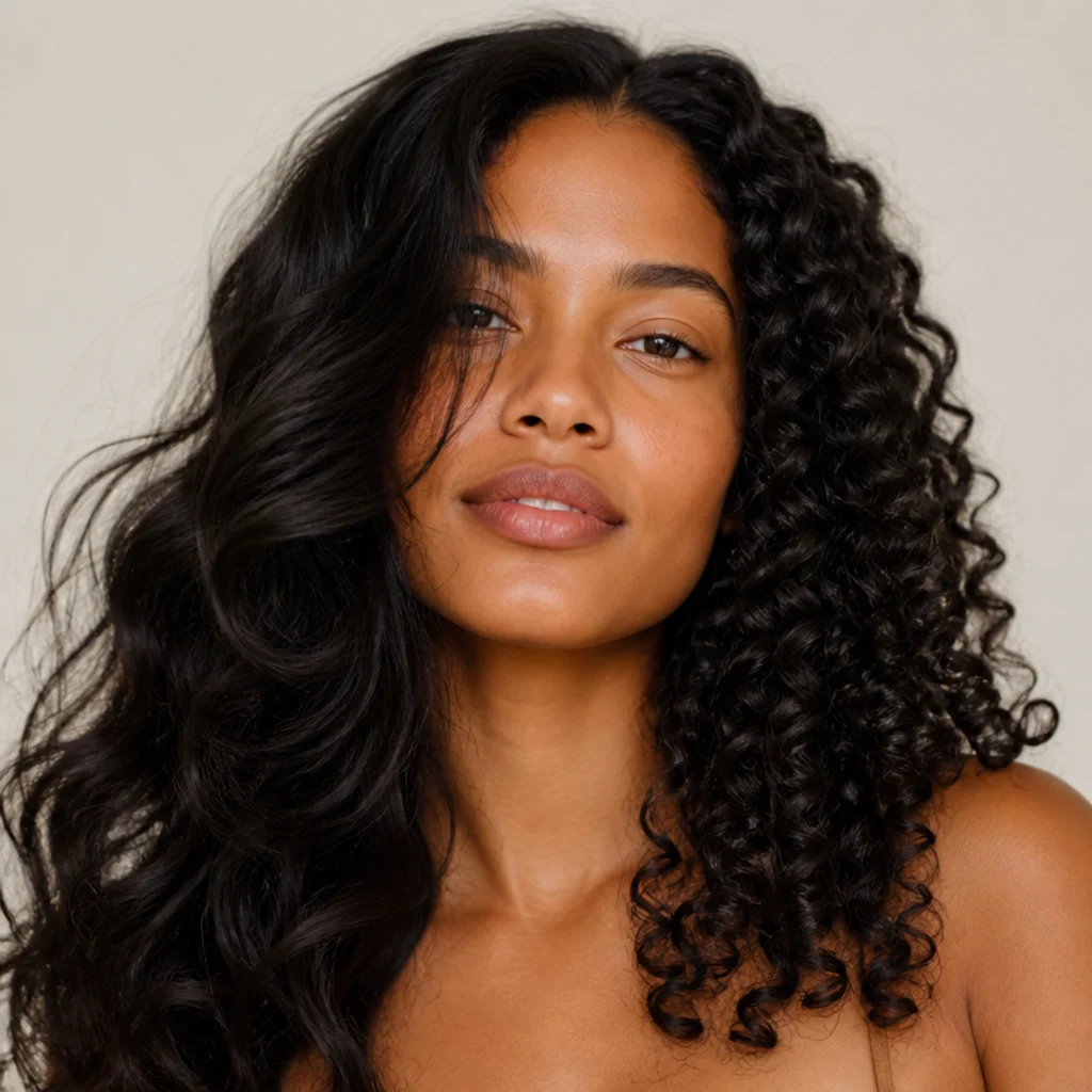 Split-style studio portrait of a model showing soft airflow waves on one side and tighter classic curls on the other, warm ivory background