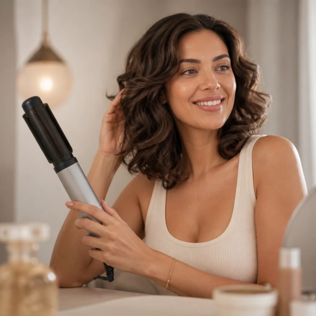 Smiling model with bouncy shoulder-length brunette curls styled with a generic premium multi-styler on a warm ivory vanity
