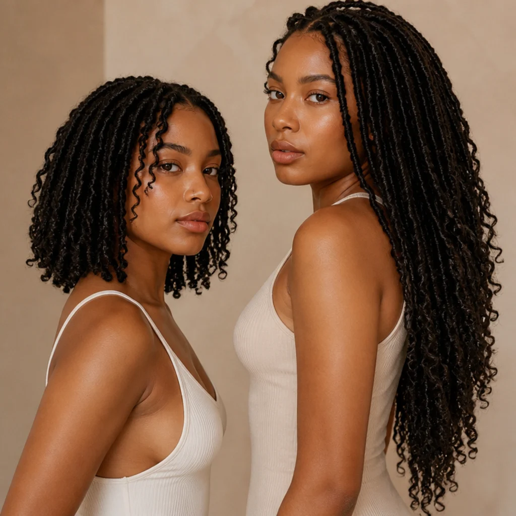 Side-by-side three-quarter view of a Black woman with chin-length short butterfly locs and a second model with mid-back long butterfly locs, comparing weight, drape, and movement