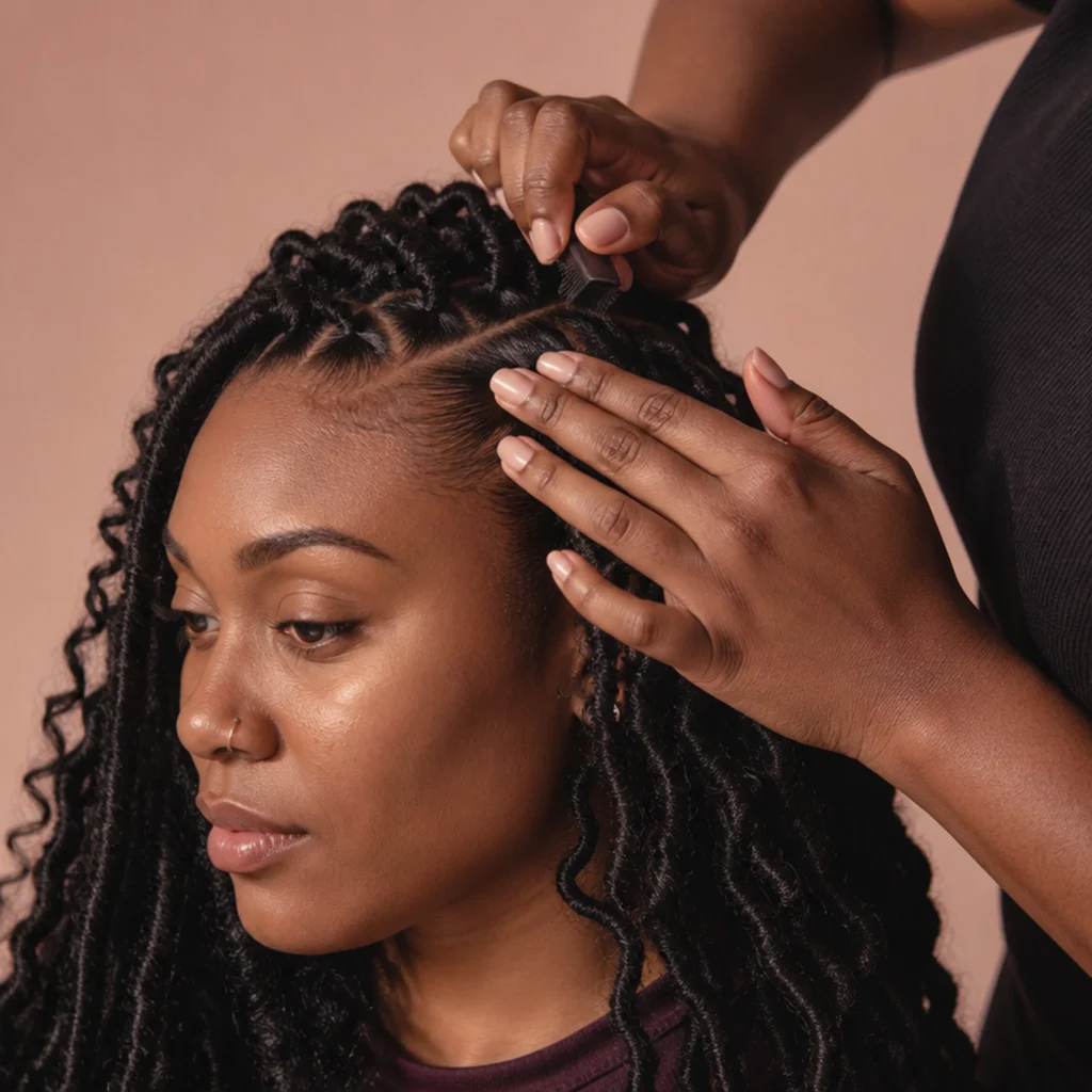 Close three-quarter shot of a loctician's hands smoothing edge control along a Black woman's hairline framed by textured butterfly faux locs