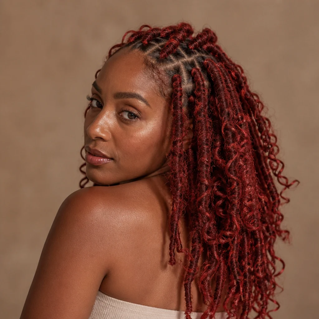 Three-quarter back view of a Black woman with deep red butterfly locs, glossy distressed loops catching soft studio light against a taupe backdrop