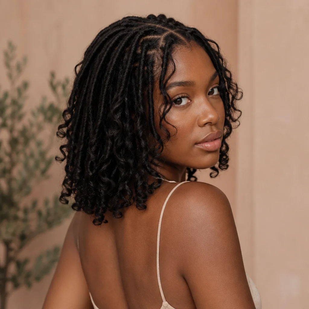 Black woman with shoulder-length butterfly faux locs shown from a three-quarter back angle, textured distressed loops and clean scalp partings