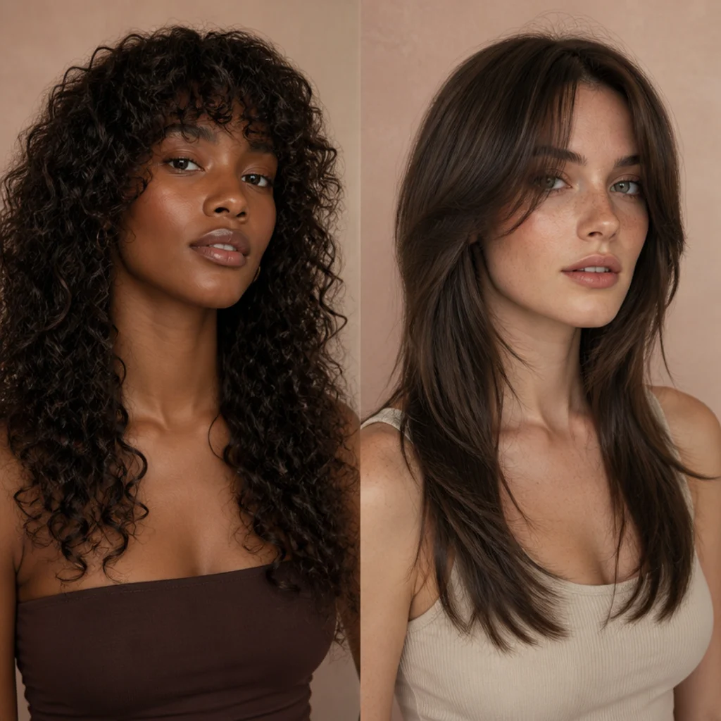 Side-by-side texture comparison of a long curly shag with defined coils on one head and a long shag on straight hair with soft choppy layers on the other