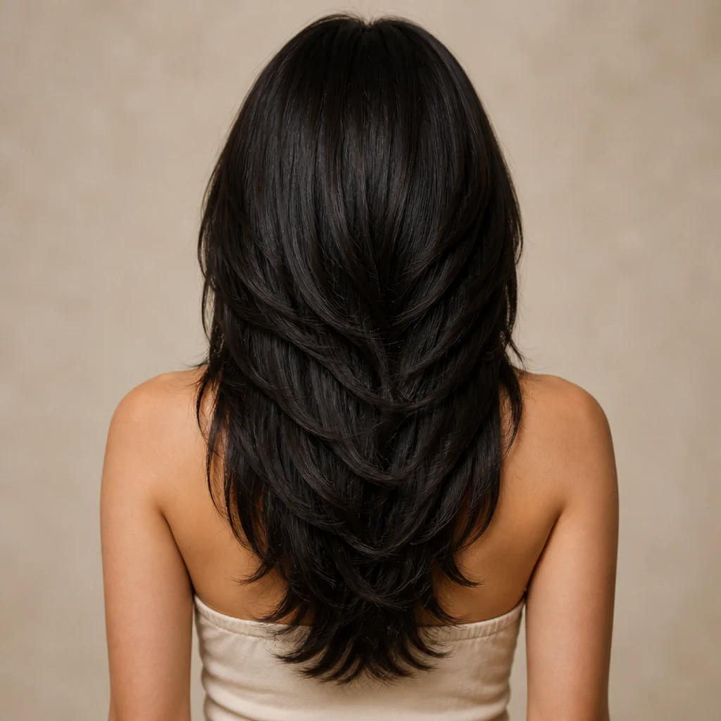 Back view of a long layered shag haircut showing graduated layers falling from the crown through the mid-lengths in glossy dark hair