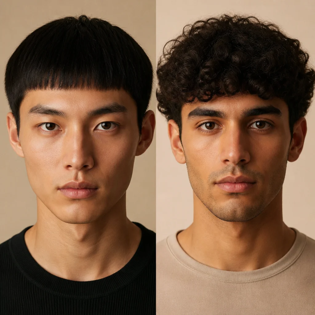 Side-by-side comparison of straight and curly edgar cut textures on two models with warm-toned skin