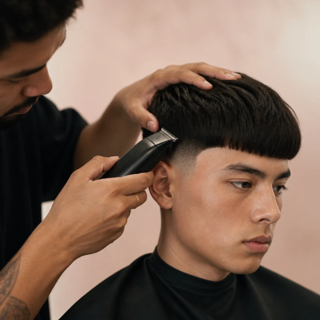 Barber cleaning up the blunt front hairline of an edgar cut with a trimmer at a side angle