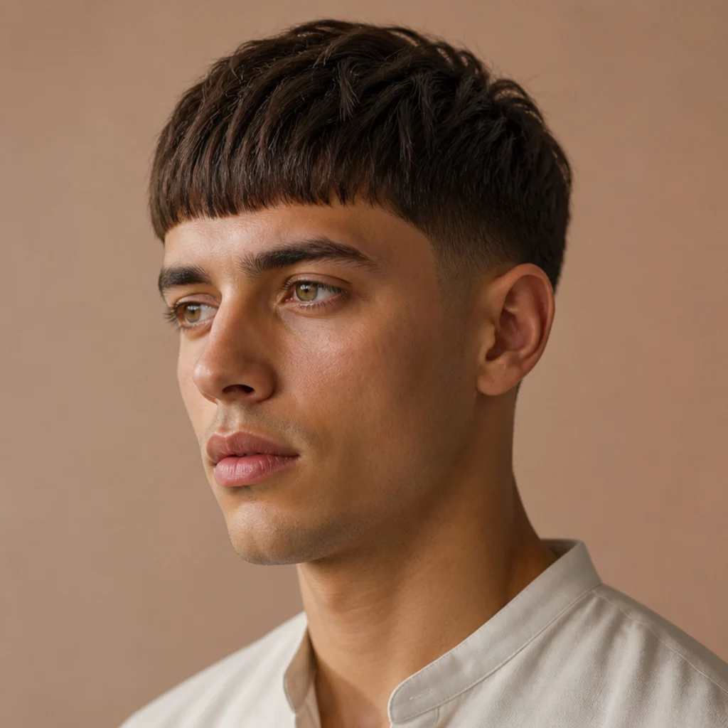 Three-quarter view of an edgar cut with the fringe placed at mid-forehead height on an oval-faced model