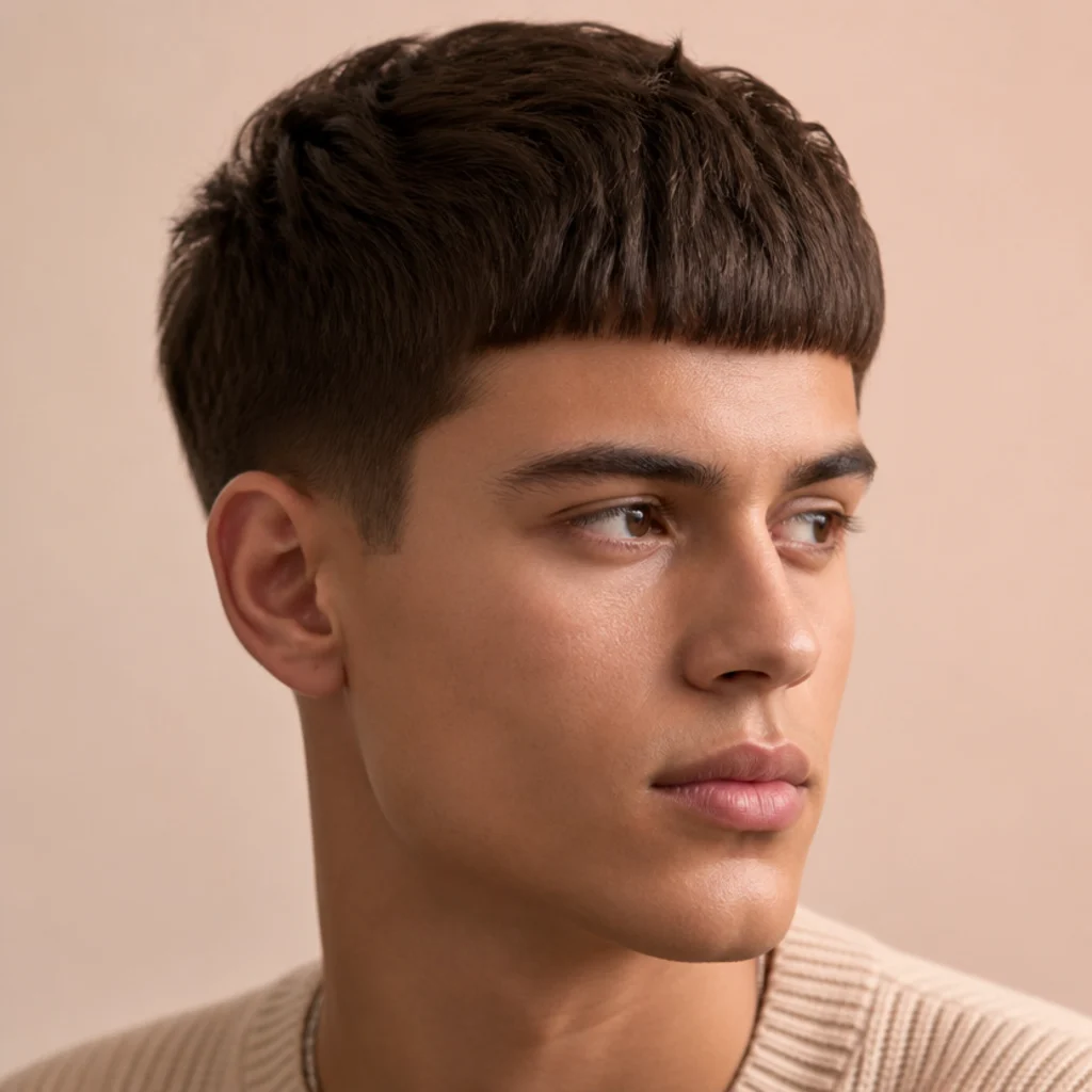 Young man with a straight-haired edgar cut and blunt fringe shown at a three-quarter angle in soft studio light