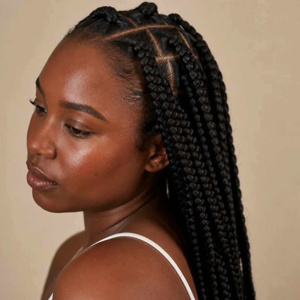 Close-up side view of thick, clean square parts and chunky jumbo braids resting on a Black woman's shoulder