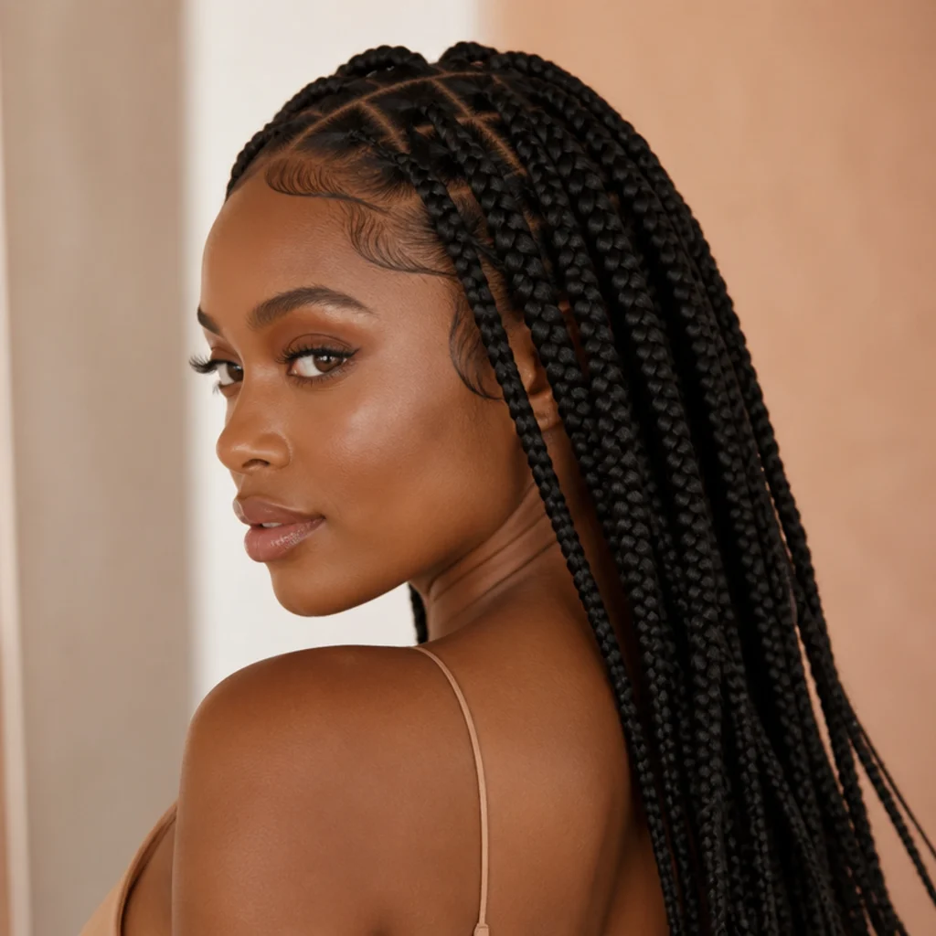 Three-quarter back view showing a clean natural hairline and soft baby hairs framing jumbo knotless box braids