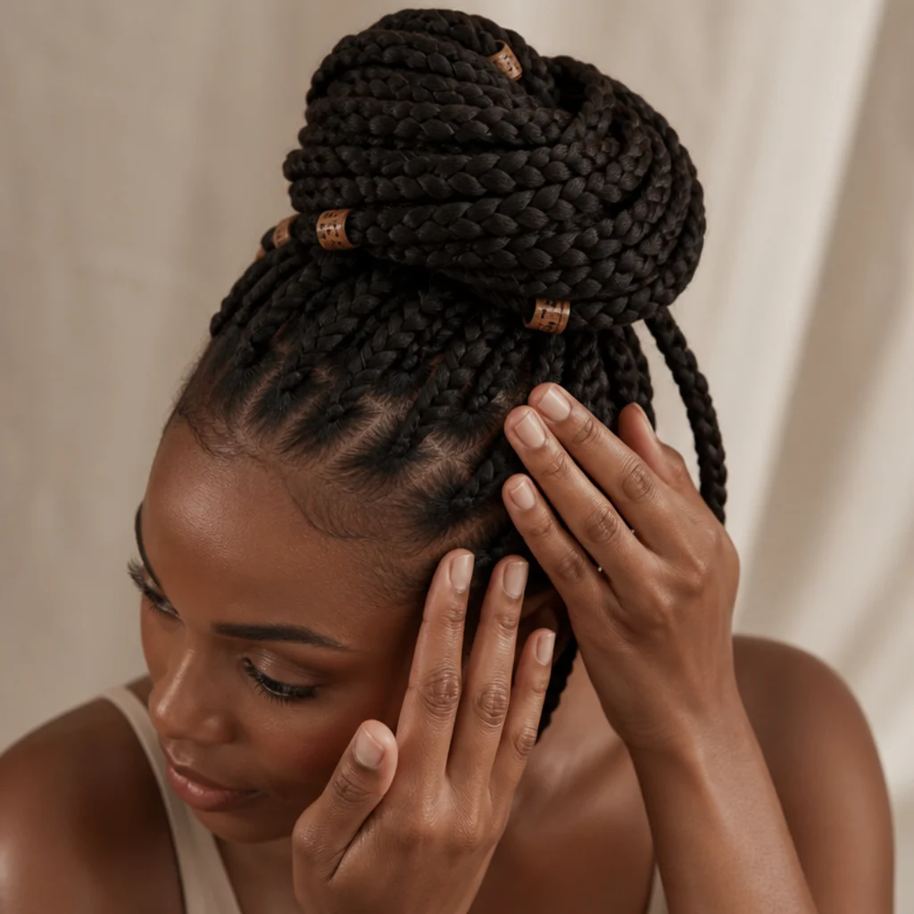 Overhead view of hands smoothing edges on jumbo box braids styled into a loose high bun with wooden beads