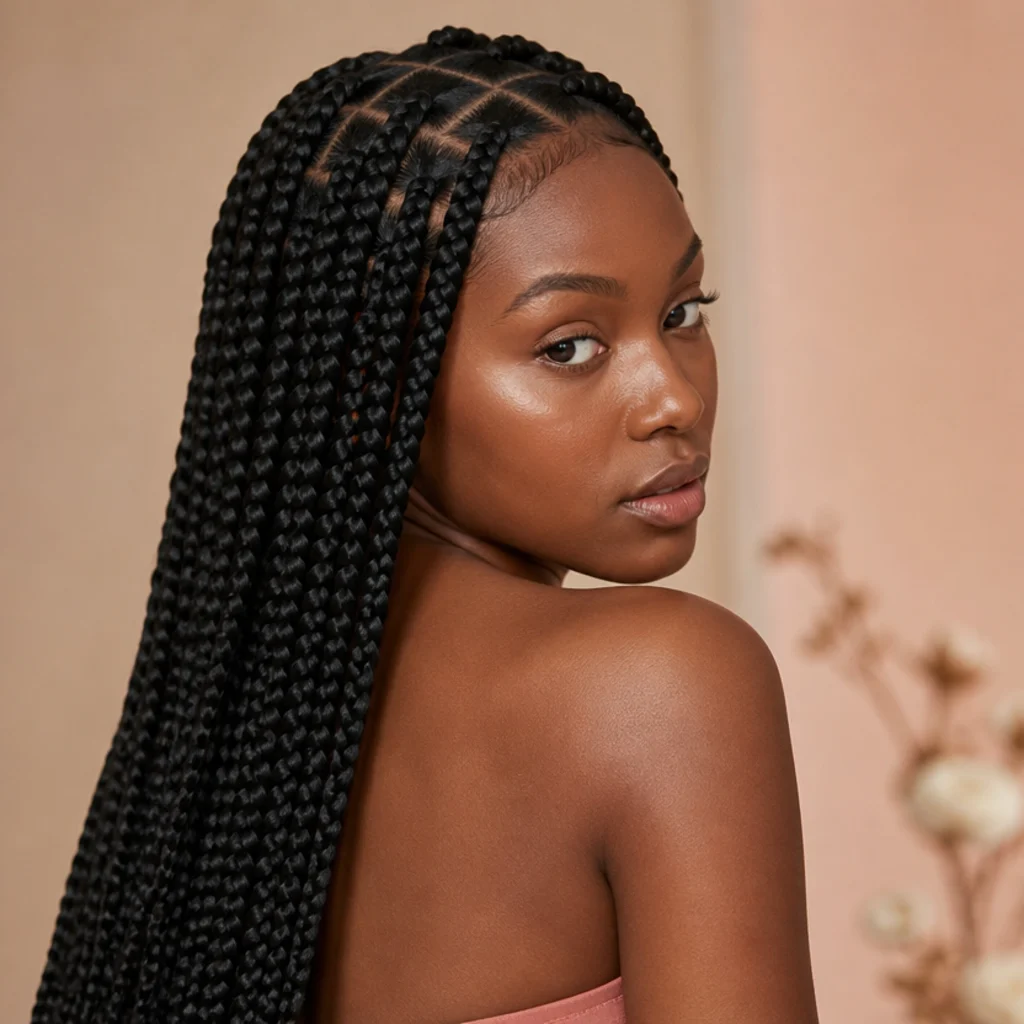 Black woman in three-quarter back view wearing waist-length jumbo box braids parted into clean square sections