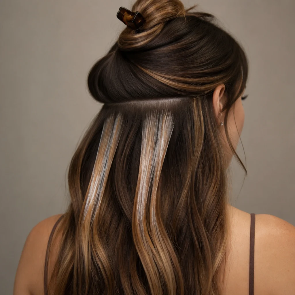 Sectioned back view showing a chestnut base with hand-painted caramel babylights blended through the mid-lengths