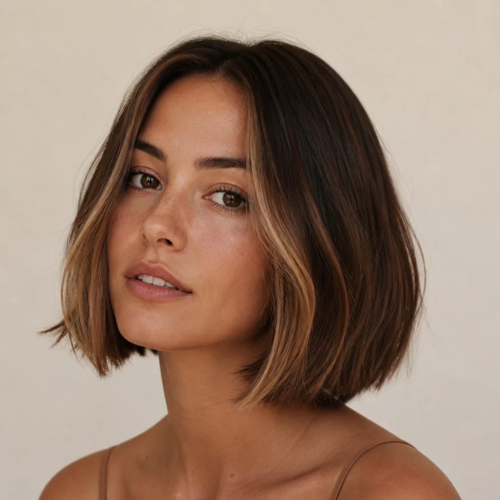 Front three-quarter view of a dimensional brunette bob with bright caramel money pieces framing the cheekbones